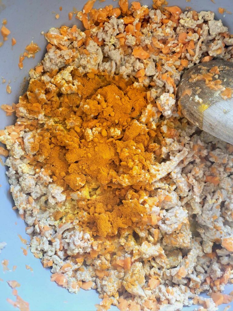fresh home cooked dog food with tumeric added