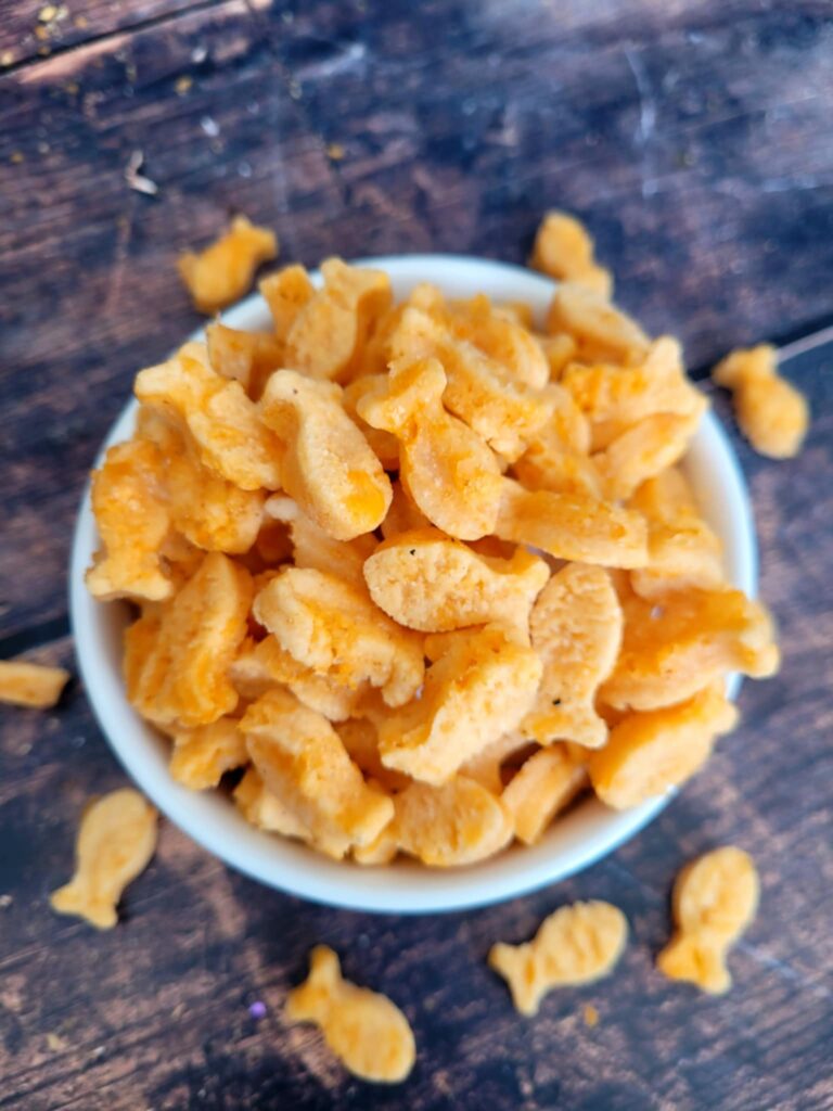 bowl full of cheddar goldfish dog treats