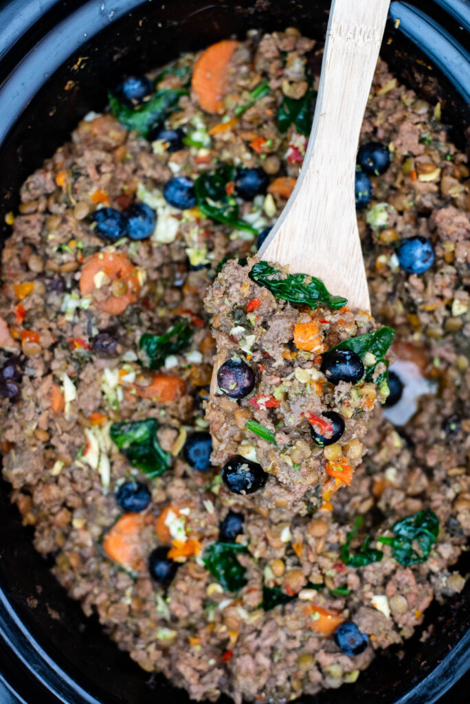 Slow cooker filled with homemade dog food cooking – visible layers of beef, liver, sardines, and vegetables.