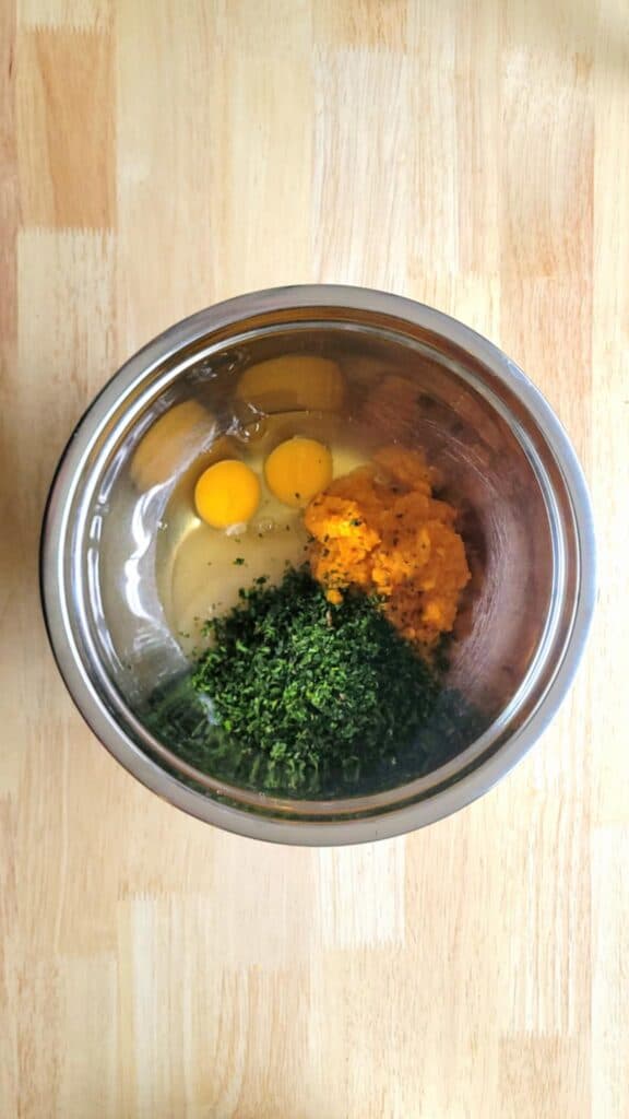 wet ingredients for dog bones in a mixing bowl