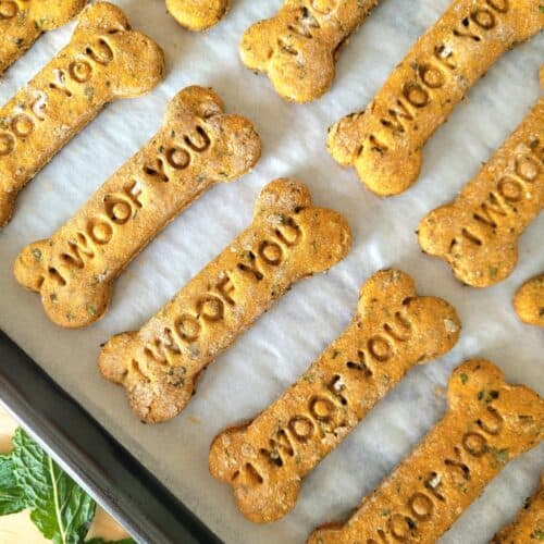 Homemade Mint Dog Treats to freshen your pups breath! Soft, chewy, and made with fresh herbs, these minty dog bones are perfect for senior dogs and the best DIY doggy breath fresheners your dog will love.