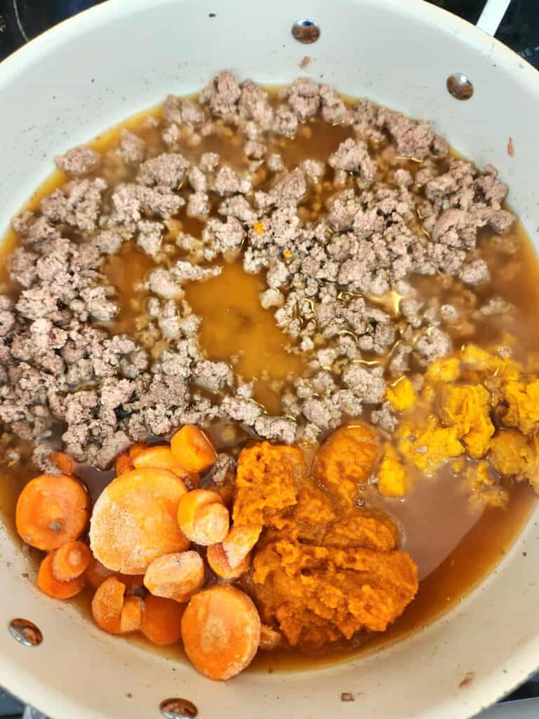 simmer ground turkey, pumpkin, sweet potato and bone broth