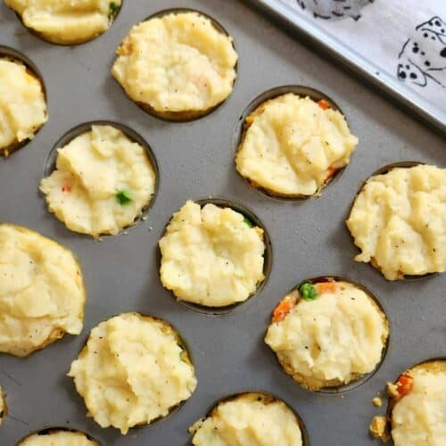 Mini turkey pot pie bites for dogs in a mini muffin pan