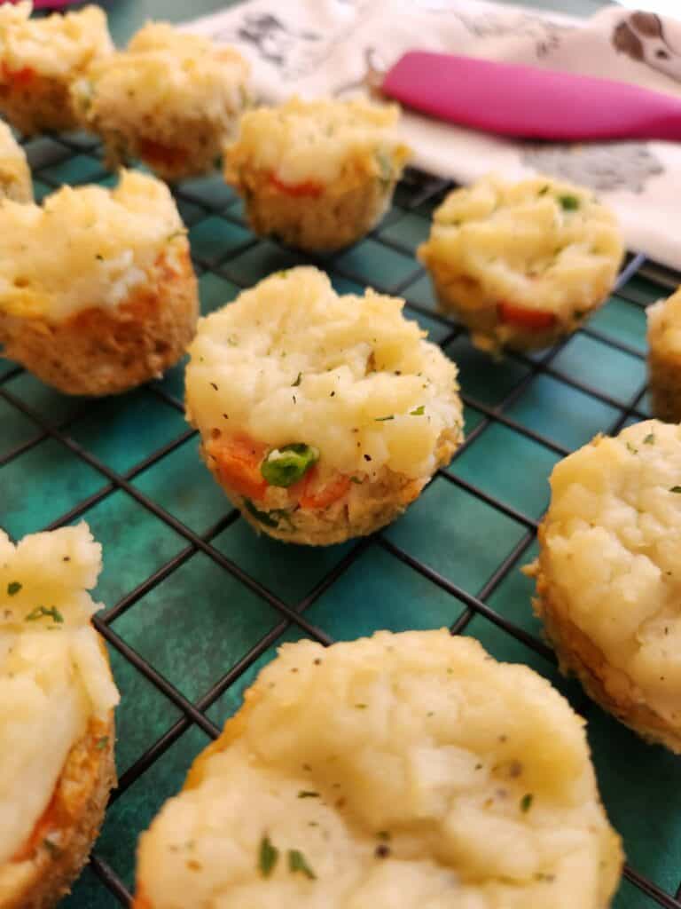 Dog-safe turkey pot pie treats topped with mashed potatoes