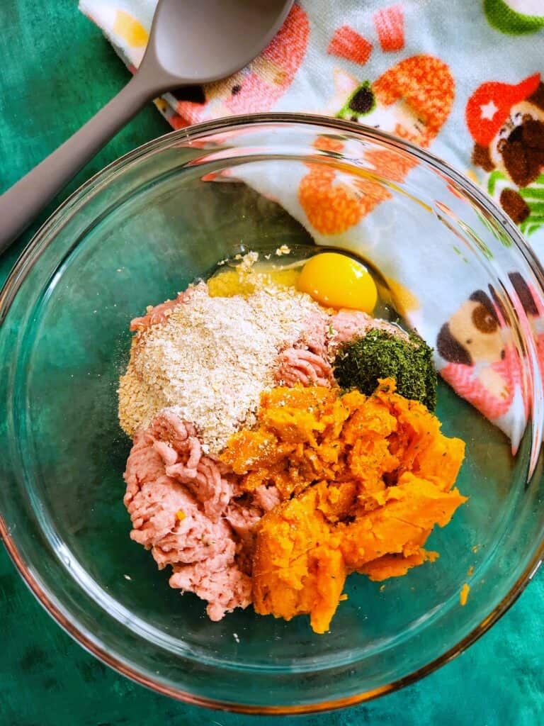 ground turkey, mashed sweet potato, oat flour, egg, and curly parsley