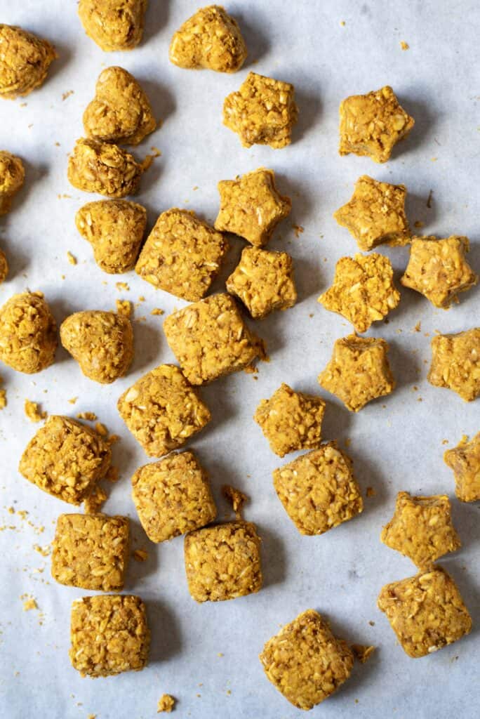 Overhead view of homemade pumpkin chamomile dog treats for anxiety and relaxation support